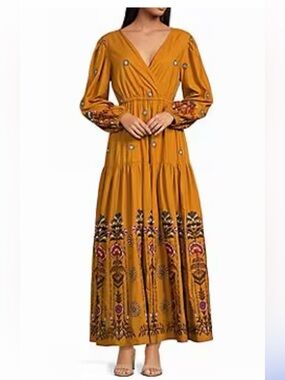NWT A loves A Mustard Embroidered V-Neck Long Sleeve Maxi Women’s Dress.cotton